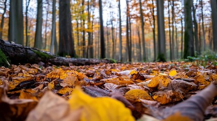 Poster - Autumnal forest floor close-up: a carpet of fallen golden and brown leaves, partially obscuring a mossy log, with blurred background of trees in fall colors. : Generative AI