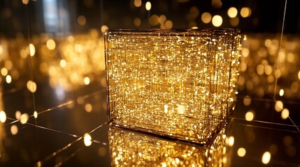 Aufkleber - Illuminated golden cube filled with sparkling lights, reflecting on a polished gold surface, creating a luxurious and festive atmosphere. : Generative AI