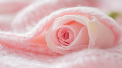 Poster - Close-up of a delicate pink rose nestled in soft, pink knit fabric, creating a romantic and serene mood. : Generative AI