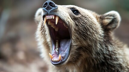 Aufkleber - Close-up of a brown bear's open mouth, revealing sharp teeth and pink gums, set against a blurred forest background. The bear's fur is thick and textured. : Generative AI