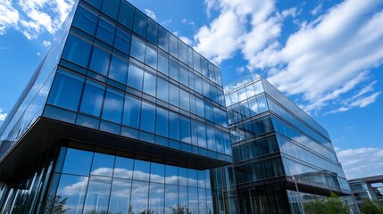 Poster - Modern glass office building reflecting blue sky and clouds, showcasing contemporary architecture and design. The structure's sleek lines and expansive windows create a sense of openne : Generative AI