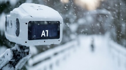 Poster - Snow-covered digital display showing A1 designation during a snowfall, mounted outdoors on a snowy landscape background. : Generative AI