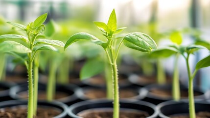 Aufkleber - Close-up view of vibrant green seedlings sprouting in small black pots, showcasing early growth stages in a greenhouse setting.  Sunlight illuminates the delicate leaves and stems. : Generative AI