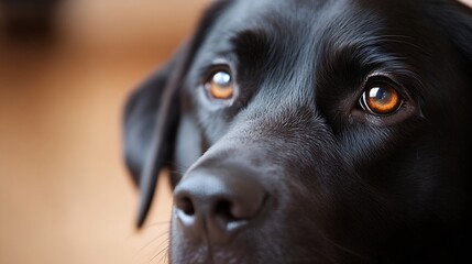 Aufkleber - Close-up portrait of a black labrador retriever dog, showcasing its amber eyes and dark fur. The image emphasizes the dog's expressive gaze and detailed textures. : Generative AI