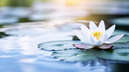Aufkleber - Serene white water lily blossom floats gently on calm pond water, sunlight illuminating petals, tranquil nature scene. : Generative AI