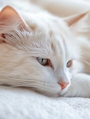 Poster - Close-up portrait of a serene white cat resting peacefully on a soft, light-colored surface, showcasing its delicate features and fluffy fur. : Generative AI