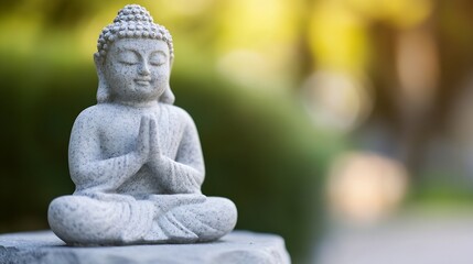 Aufkleber - Serene grey stone buddha statue meditating outdoors, peaceful garden setting, sunlight bokeh background.  Spiritual, mindfulness, zen concept. : Generative AI