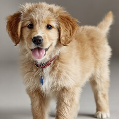 Poster - Adorable golden retriever puppy standing tongue out wearing a red collar with a small tag against a neutral gray background.  The fluffy fur and happy expression make this image perfec : Generative AI