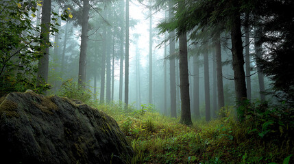 Poster - Misty forest scene, tall trees, mossy rock, lush vegetation, evokes tranquility and mystery, ideal for nature or fantasy themes