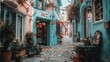 © azi - Charming cobblestone alleyway with colorful buildings, lush greenery, and quaint shops