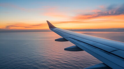 Aufkleber - Airplane wing view during sunset over ocean, showcasing vibrant orange and pink hues in the sky, with calm blue water below. : Generative AI