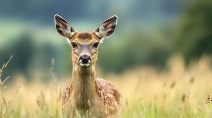 Poster - Young fallow deer fawn standing in a field of tall grass, looking directly at the camera.  Its coat is light brown with white spots, and its large ears are pointed upwards. : Generative AI