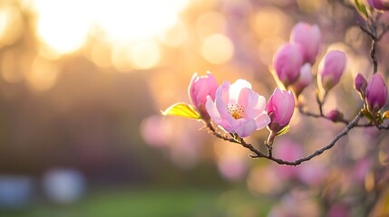 Poster - Pink magnolia blossoms bathed in warm sunset light, delicate petals and soft bokeh background creating a serene springtime scene. : Generative AI