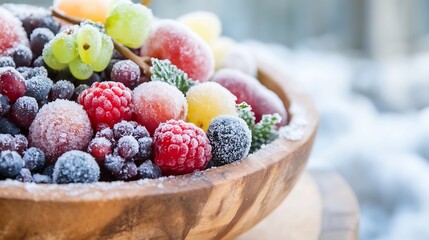 Aufkleber - Frozen berries and grapes in a wooden bowl, covered with frost, winter scene, healthy food concept.  Perfect for seasonal recipes and winter themes. : Generative AI