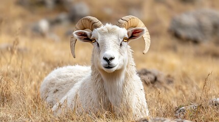 Aufkleber - Majestic white ram with large horns rests in dry, golden grass, showcasing its thick fleece and intense gaze. : Generative AI