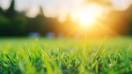 Poster - Close-up view of vibrant green grass blades illuminated by warm sunset light, creating a tranquil and peaceful nature scene. : Generative AI