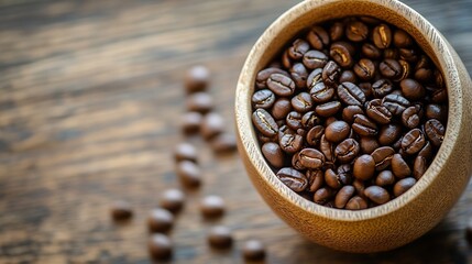 Poster - Roasted coffee beans in a rustic wooden bowl, scattered beans on a dark brown wooden table.  A close-up image showcasing the rich color and texture of the coffee beans. : Generative AI