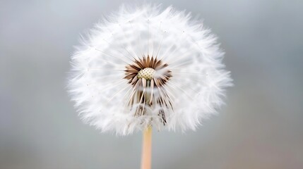 Poster - Close-up view of a delicate dandelion seed head, showcasing its intricate structure and fluffy white seeds against a soft, muted background. : Generative AI