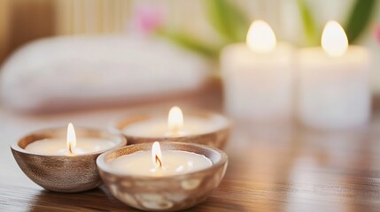 Poster - Three lit candles in wooden bowls rest on a warm-toned wooden surface, creating a serene and peaceful spa-like atmosphere.  Soft background blur suggests a relaxing environment. : Generative AI
