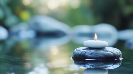 Poster - Serene scene of a lit candle resting atop smooth grey stones floating gently on calm, teal water, with a blurred green background suggesting a tranquil natural setting. : Generative AI
