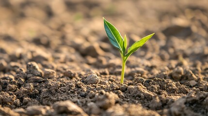 Aufkleber - A small green sprout emerges from dark brown soil, bathed in warm sunlight, symbolizing growth, new life, and the resilience of nature. : Generative AI