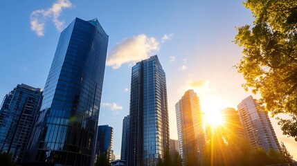 Aufkleber - Modern glass skyscrapers at sunset, bathed in golden sunlight, with lush green trees framing the scene.  A vibrant urban landscape showcasing architectural design and natural beauty. : Generative AI
