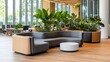 © Generative AI - Modern office lounge with curved gray sofa, wooden accents, and large potted plants near expansive windows offering a view of green landscape. : Generative AI