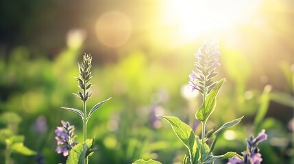 Aufkleber - Two delicate purple flowers bathed in warm sunlight, their slender stems reaching towards the radiant glow, set against a softly blurred green meadow background. : Generative AI