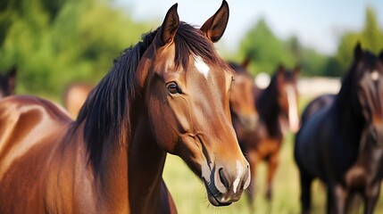 Poster - Close-up portrait of a bay horse with a star, standing in a lush green pasture, other horses blurred in the background.  Sunlight illuminates its coat. : Generative AI