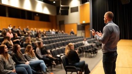 Aufkleber - A male speaker presents to a large audience in a lecture hall, actively engaging with his presentation and the attentive listeners. : Generative AI