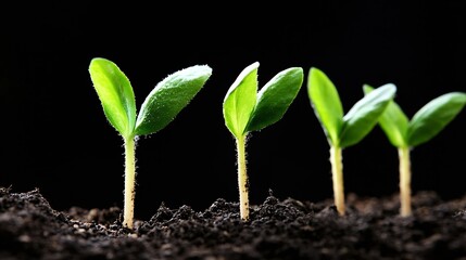 Poster - Four young green seedlings sprout from dark soil against a black background, showcasing early growth and new life. : Generative AI