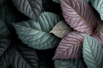 Poster - Close-up of textured leaves in teal, mauve, and beige hues, creating a sophisticated, natural pattern suitable for design projects, showcasing elegance and serenity