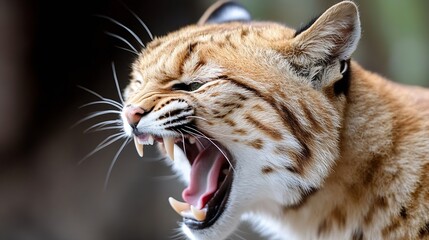 Aufkleber - Close-up profile of a bobcat with its mouth open, showing sharp teeth and pink tongue.  The bobcat's fur is a mix of light and dark brown, with white fur around its mouth. : Generative AI