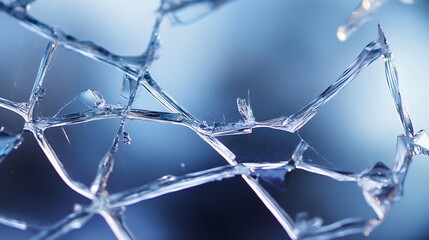 Poster - Close-up view of shattered glass, showing intricate network of cracks and sharp edges against a blurred blue background.  The texture is highly detailed, revealing the fragmented natur : Generative AI