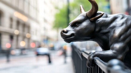 Poster - Bronze bull statue rests on a fence, overlooking a blurred city street.  The dark bronze contrasts with the light background, creating a powerful image. : Generative AI