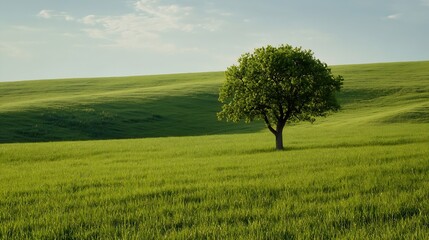 Aufkleber - Single tree standing in a vast, rolling green field under a pale blue sky, evoking serenity and the beauty of nature's simplicity. : Generative AI