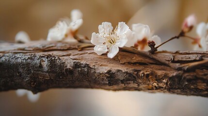 Poster - Delicate white apricot blossoms rest gently on a weathered, brown tree branch, showcasing the beauty of spring's arrival and the contrast between delicate flower and rough bark. : Generative AI