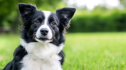 Poster - Portrait of a beautiful border collie dog sitting in the grass, looking directly at the camera with a calm expression.  Its black and white fur is clearly visible, and the background i : Generative AI