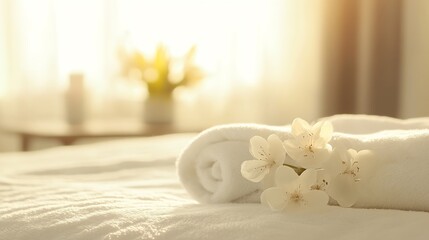 Aufkleber - Soft white towel rolled on a bed, adorned with delicate white blossoms, bathed in warm sunlight streaming through a window. : Generative AI