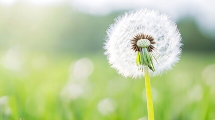 Aufkleber - Close-up view of a dandelion seed head, showcasing its delicate white seeds and green stem against a blurred green background, evoking feelings of lightness and nature's beauty. : Generative AI