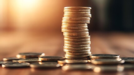 Leinwandbilder - A tall stack of gold coins stands prominently on a wooden surface, surrounded by a scattering of other coins, bathed in warm, golden light. : Generative AI