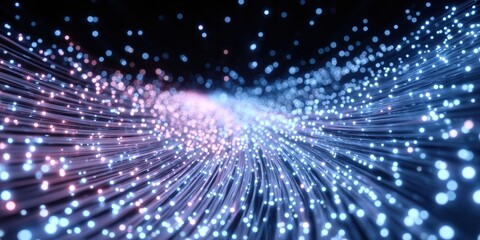 Fototapete - Glowing blue and purple fiber optic lights create a dynamic, futuristic visual effect on a dark background.
