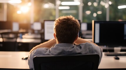 Aufkleber - A young man relaxes in his office chair, back to the camera, bathed in the warm glow of the setting sun, two computer monitors visible in the background. : Generative AI
