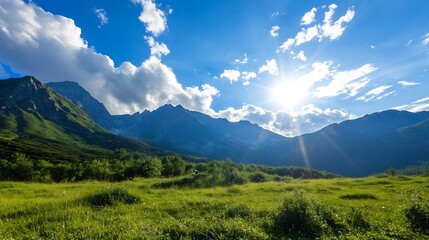 Poster - Majestic mountain range under a vibrant summer sky, sun rays illuminating the green meadow and lush vegetation. : Generative AI