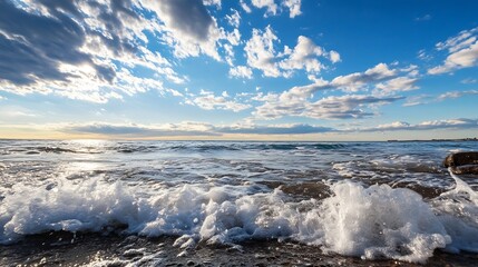 Aufkleber - Ocean waves crashing on a rocky shore under a vibrant blue sky with fluffy white clouds, sunlight reflecting on the water's surface. : Generative AI