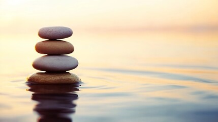 Leinwandbilder - Serene Stack of Stones Floating Gently on Calm Water at Sunset, Reflecting Peaceful Harmony and Tranquility. : Generative AI