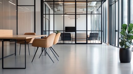 Fototapete - Modern office interior with beige chairs and a light wood table, situated near a glass partition separating a meeting room with a flat screen TV, all within a bright and spacious area. : Generative AI