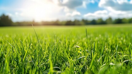 Poster - Close-up view of vibrant green grass blades illuminated by sunlight, with a blurred background of trees and a partly cloudy sky. : Generative AI