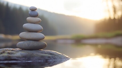 Poster - Serene sunset scene featuring a balanced stack of grey and beige stones perched on a larger rock beside a calm lake, reflecting the golden hour light. : Generative AI