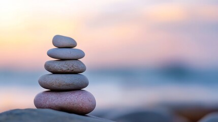 Poster - Serene Stack of Grey and Pink Stones at Sunset, Balanced Pebbles on Beach Rock, Tranquil Ocean Background : Generative AI